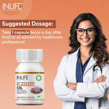 INLIFE Flaxseed Oil Omega 3 6 9 Supplement, Extra Virgin Cold Pressed 500 mg - 60 Vegetarian Capsules (Pack of 1)