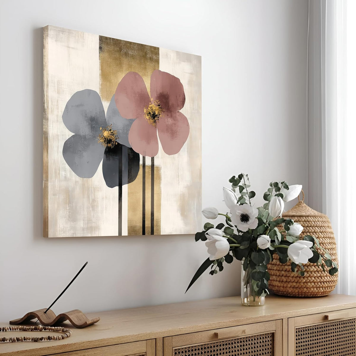 Modern Floral Abstract Stretched Canvas Painting for Living Room | Minimal Botanical Bloom Wall Décor Art For Livingroom, Bedroom, Office, Hallways - 22x22 Inch