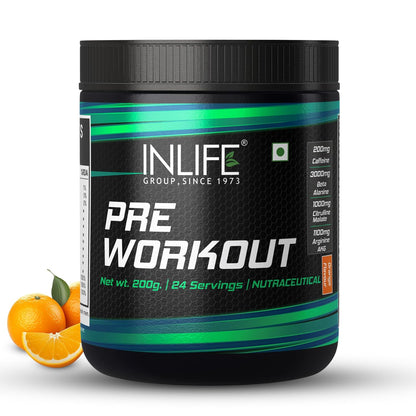 INLIFE Pre-Workout Supplement 200mg Caffeine,1000mg Citrulline,1100mg Arginine AAKG,3000mg B-Alanine,Creatine,Taurine, Betaine Anhydrous Pre Workout Formula Men & Women 200g, 24 Servings (Orange)