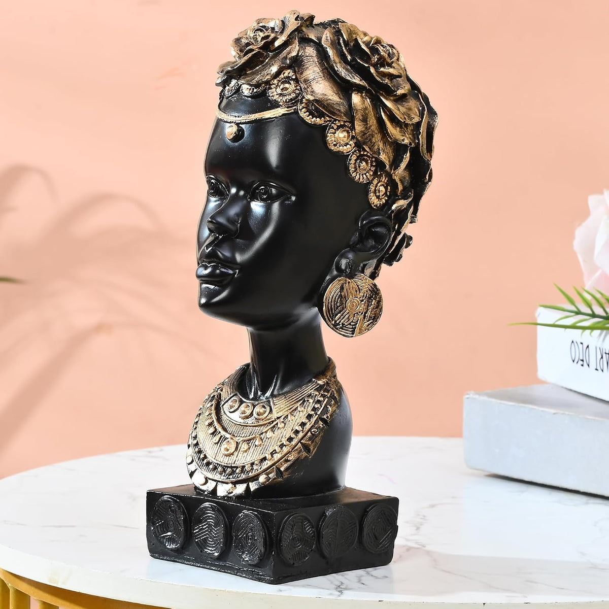 African Lady Statue with Pot|Stunning Cultural Home Décor (Pack of 1, Black & Gold, Model 3)