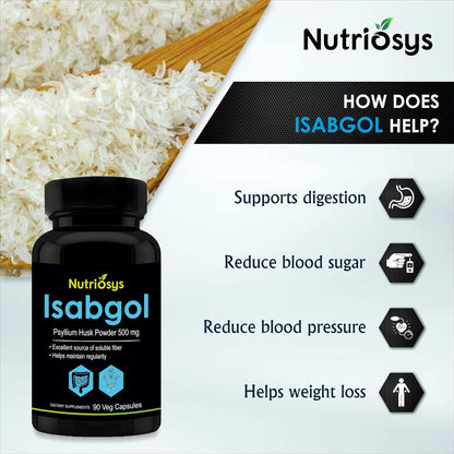 Nutriosys Isabgol 500mg Supplement | Supports Digestive Health | Helps Manage Glucose Levels | Natural Soluble Fiber | From Psyllium Husk | 90 Veg Capsules