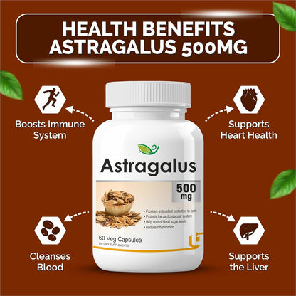 Biotrex Nutraceuticals Astragalus 500mg Supplement | Heart & Kidney Health | Immunity Booster & Adaptogen | Antioxidant | Enhances Strength & Atheletic Performance | 60 Veg Capsules