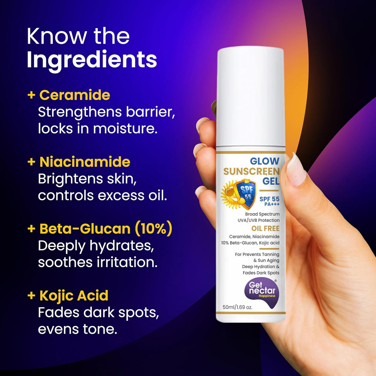 Sunscreen gel bottle held by a hand with ingredient benefits on a colorful background