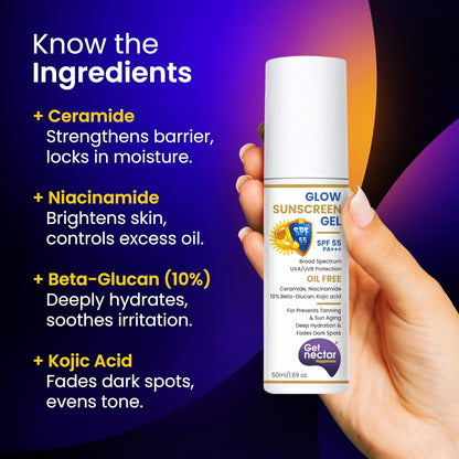 Sunscreen gel bottle held by a hand with ingredient benefits on a colorful background