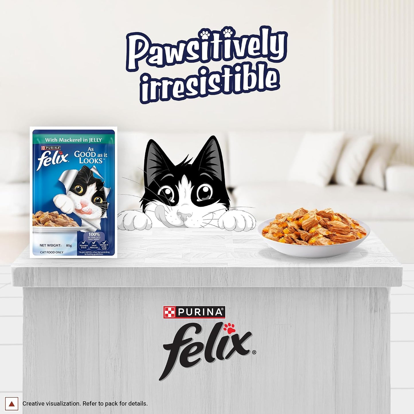 Purina Felix Mackerel in Jelly, Wet Food for Adult Cats, 85g Pouch | With Mackerel in Jelly, Tasty Meaty Chunks, 100% Complete & Balanced Nutrition, Vitamins D & E, Omega 6, Essential Minerals
