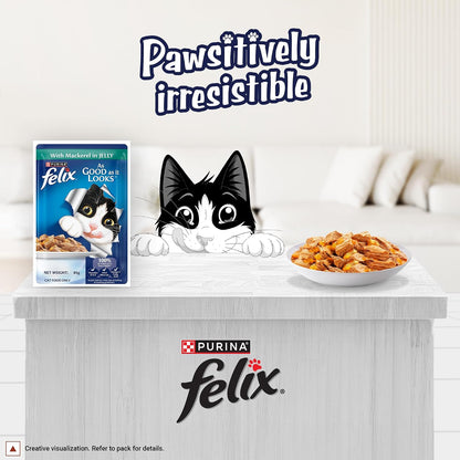 Purina Felix Mackerel in Jelly, Wet Food for Adult Cats, 85g Pouch | With Mackerel in Jelly, Tasty Meaty Chunks, 100% Complete & Balanced Nutrition, Vitamins D & E, Omega 6, Essential Minerals