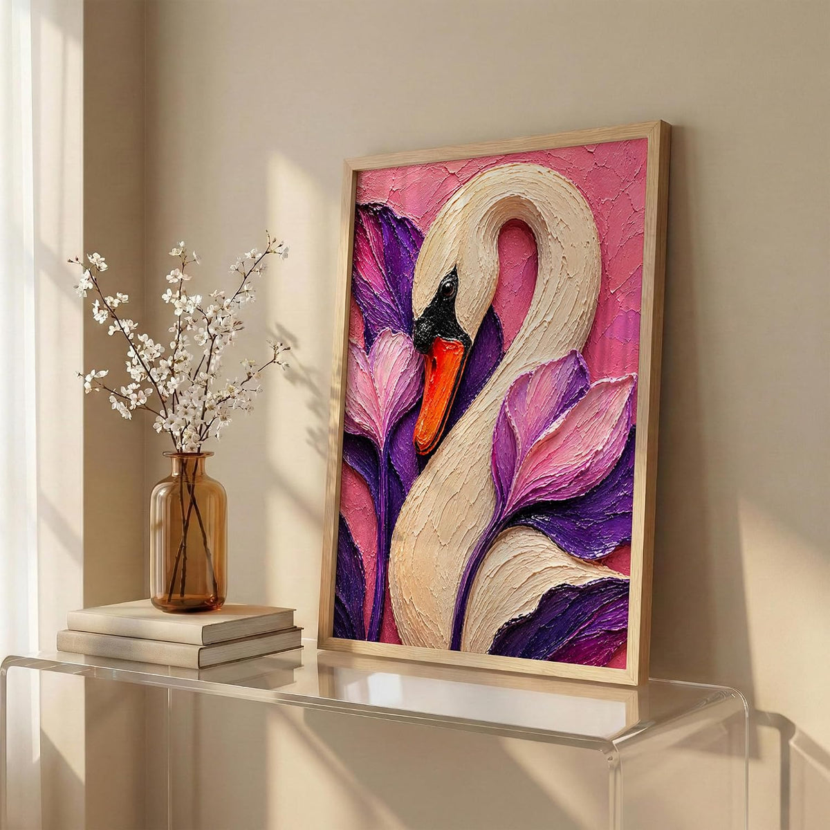 White Swan Framed Wall Art, Natural, 10x13 Inches