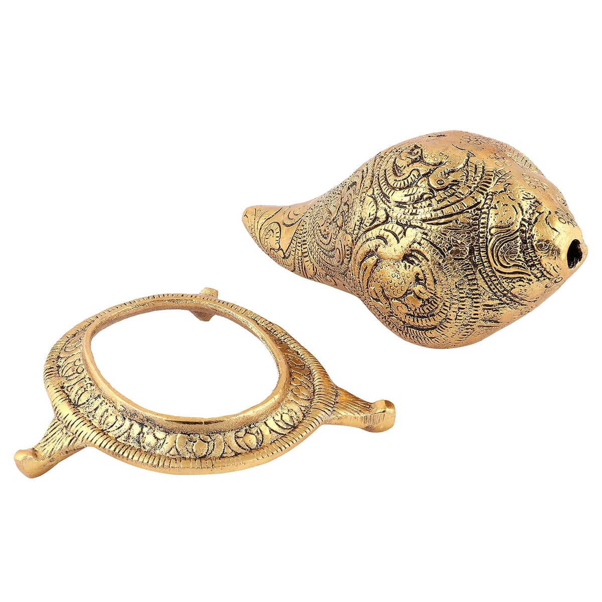 Kalakriti Lord Vishnu Laxmiji and SheshNaag Carving Antique Brass Finish Gold Plated Shankh Showpiece with Stand| Conch for Temple| Vastu Decorative Items Sankh for Home |Religious Diwali Gift 1 pc