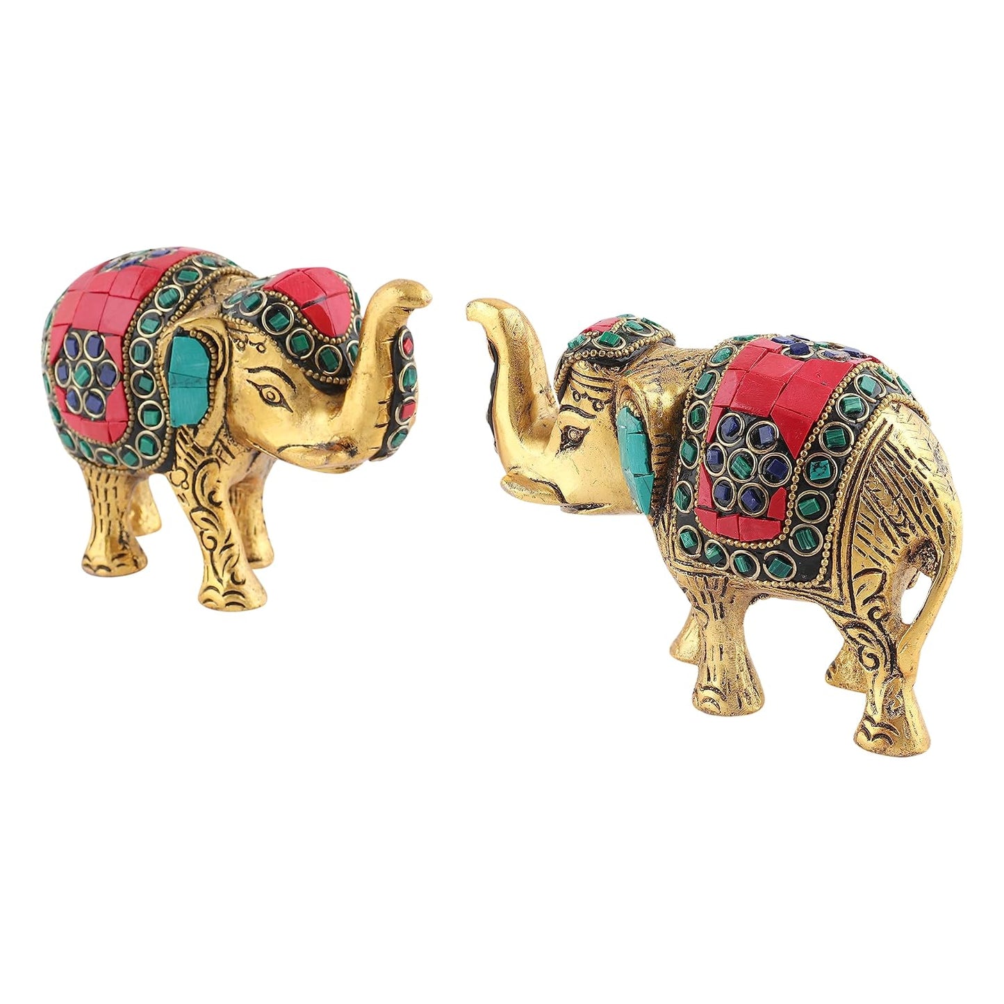 Kalakriti Multicoloured Stone Studded Metal Trunk-up Elephant Showpiece for Good Luck (Vaastu) | Pack of 2 | Decorative Elephant Statue Idol for Home Décor for Prosperity and Luck