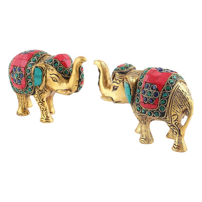 Kalakriti Multicoloured Stone Studded Metal Trunk-up Elephant Showpiece for Good Luck (Vaastu) | Pack of 2 | Decorative Elephant Statue Idol for Home Décor for Prosperity and Luck