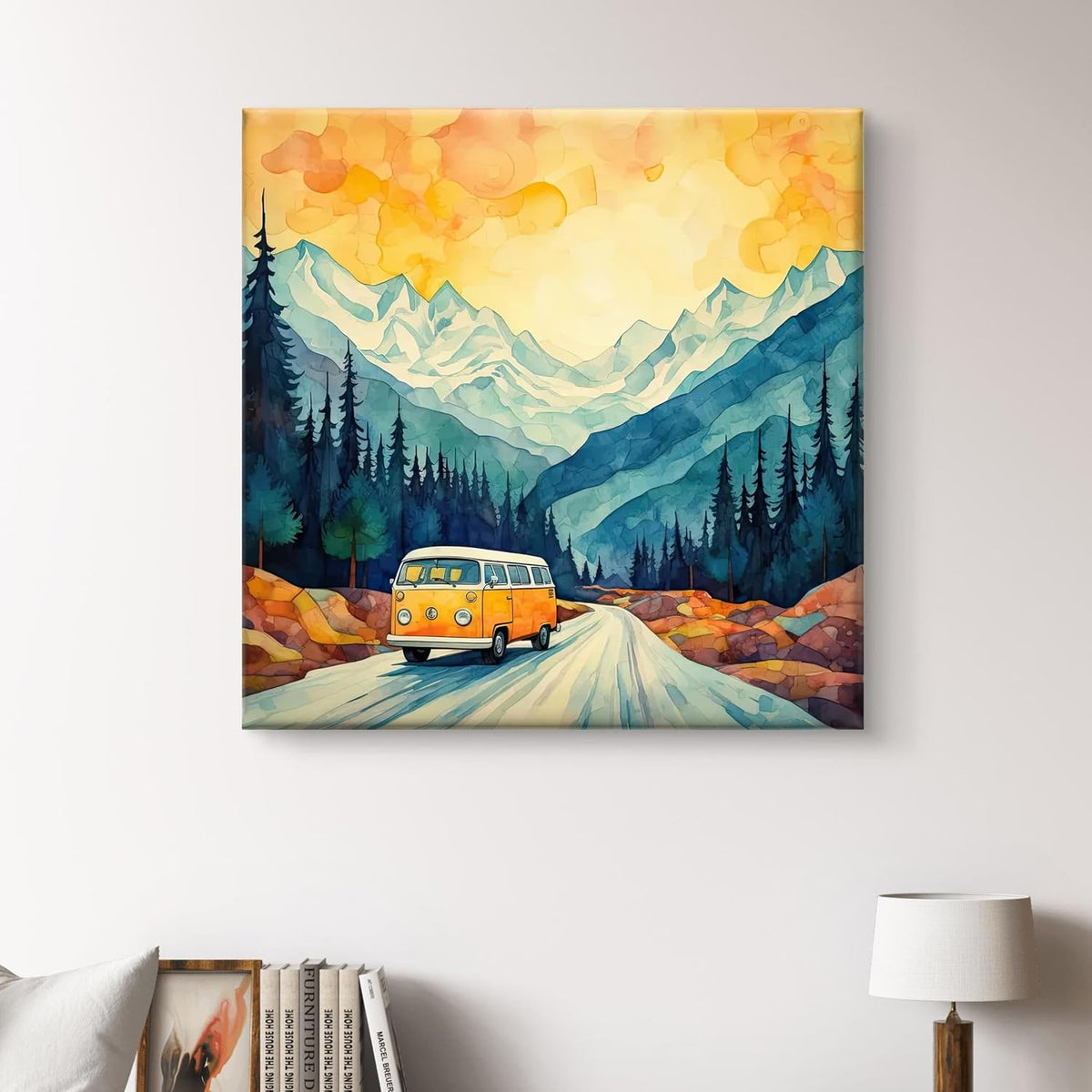Mountain Landscape Canvas Wall Art, Yellow VW Van Print, Watercolour Nature Scene 16 Inch x 16 Inch CVS-38115