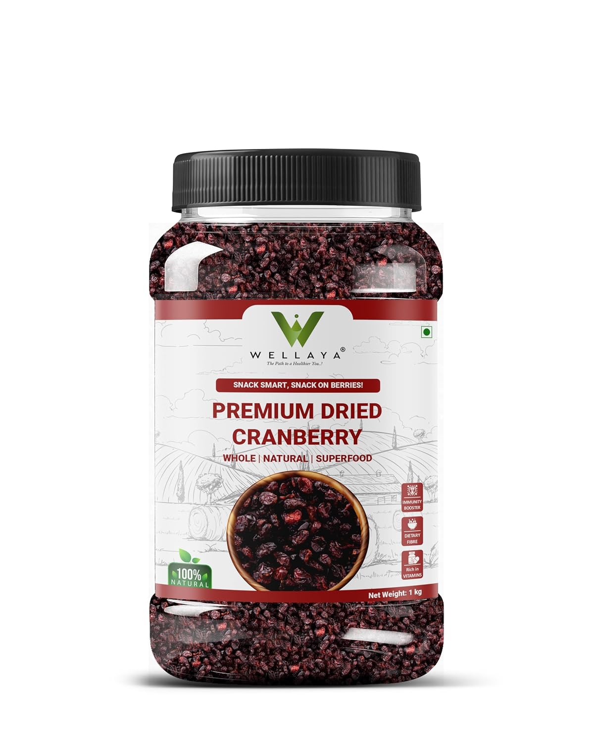 WELLAYA Premium Dried Whole Cranberries | No Fat and Low Calories | High Nutrient and Antioxidant Cranberry Whole Superfood Berries