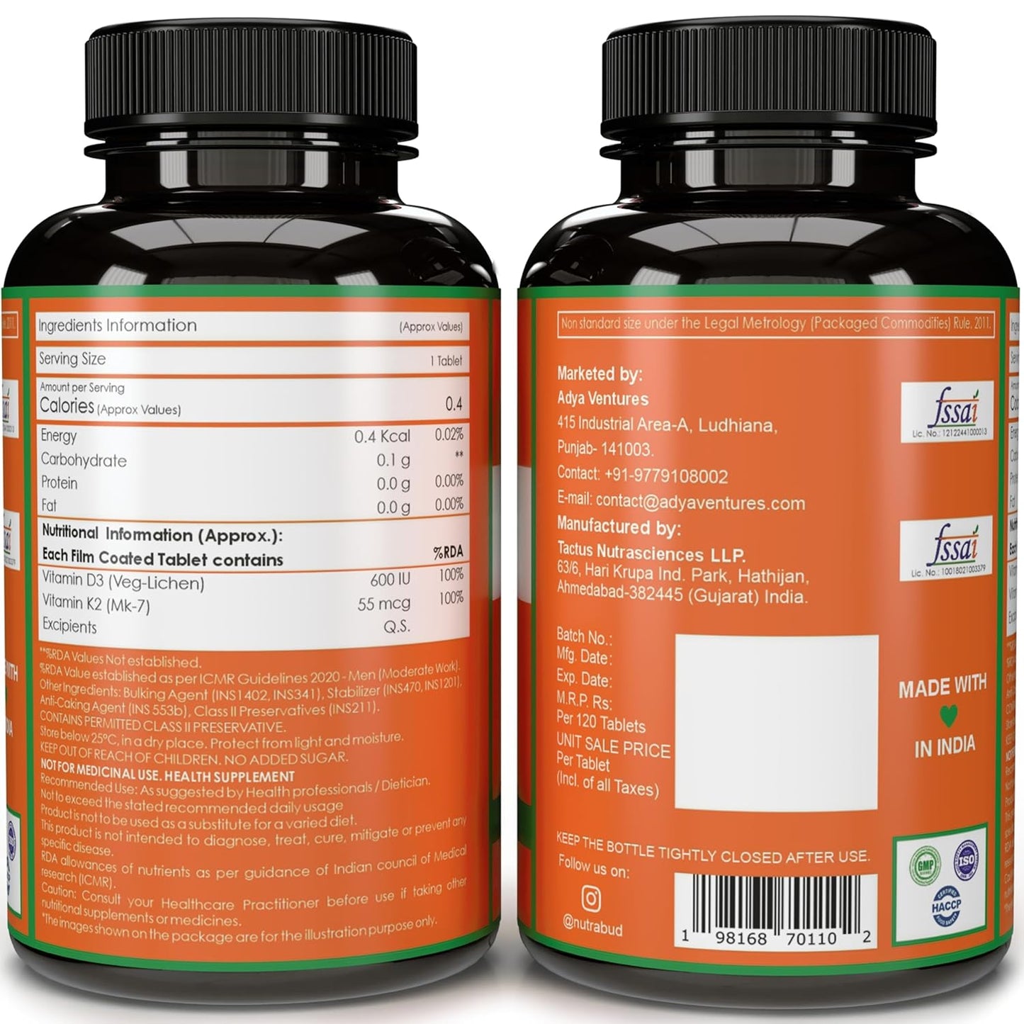 Nutrabud Vitamin D3 K2 MK7-120 Veg Tablets - 600 IU - 100% RDA Plant-Based Vitamin D3 Supplement from Lichen Source with Vitamin K2 as MK7 Menaquinone (Pack of 1)