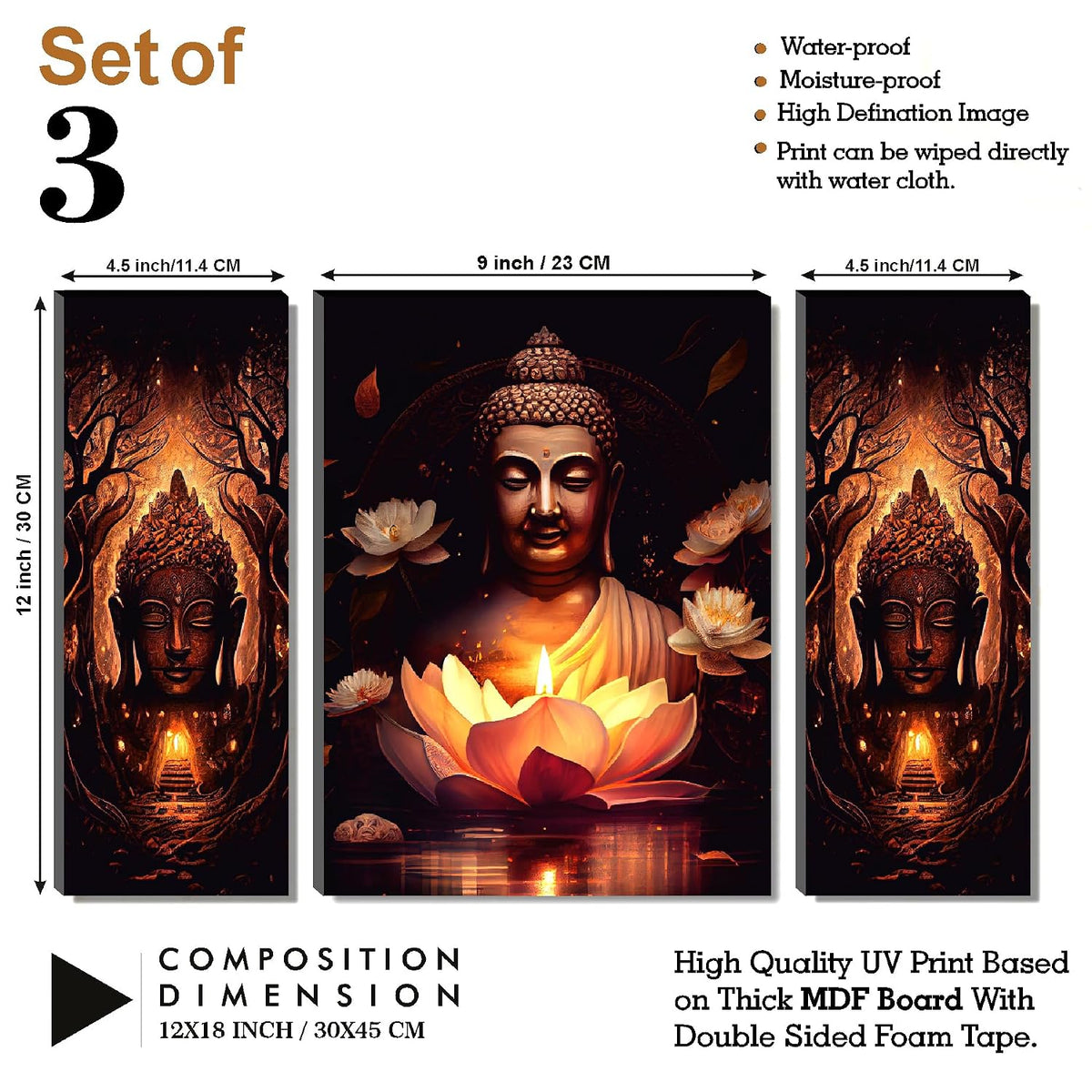 Radiant Lotus Buddha Wall Art – 3-Panel Enlightenment Triptych | UV-Printed, Ready-to-Hang Spiritual Zen Décor (20 Inch x 12 Inch) JM-35295