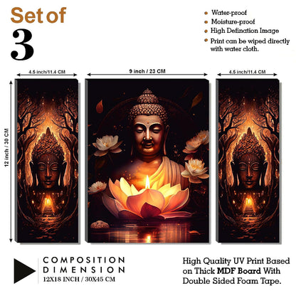 Radiant Lotus Buddha Wall Art – 3-Panel Enlightenment Triptych | UV-Printed, Ready-to-Hang Spiritual Zen Décor (20 Inch x 12 Inch) JM-35295