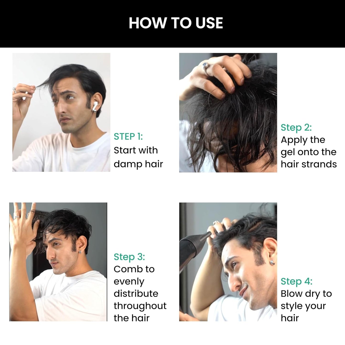 Step-by-step guide on how to use hair gel with images and text.