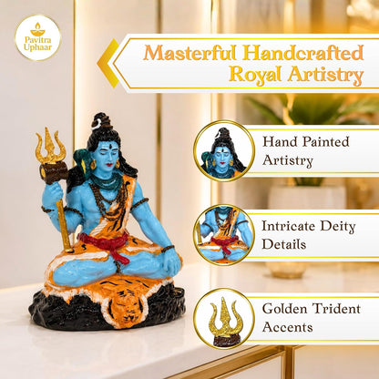 Blue Shiva Idol, 9 cm Hand Painted Resin Mahadev Murti with Trishul, Snake & Tiger Skin Design, Lord Shiva Statue for Car Dashboard, Home Mandir, Living Room, Office & Pooja Decor