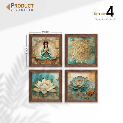 Lotus Meditating Woman Wall Art painting for living room, Spiritual Flower Framed painting, Set of 4, 9x9 Inch
