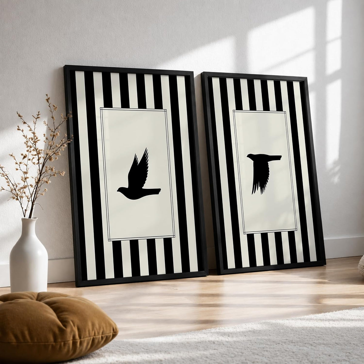 Flying Birds Wall Art Set of 2 Framed Paintings | Black White Striped Minimal Bird Silhouette Poster | Living Room Bedroom Home Décor (Art 13, 10x13 Inches, Black)
