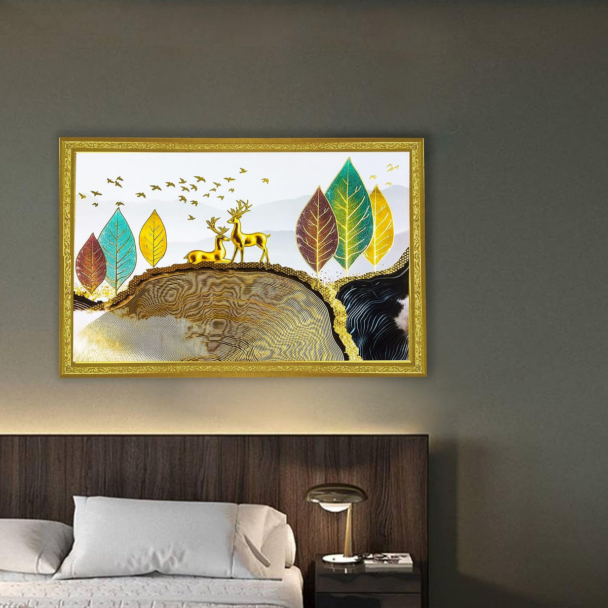 3D Golen Foil Modern Art Landscape with 2 Deer | Framed Painting | Ready to Hang - (Multicolor, 14 Inch x 20 Inch)