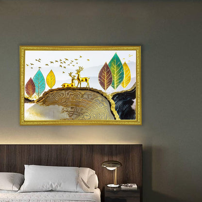 3D Golen Foil Modern Art Landscape with 2 Deer | Framed Painting | Ready to Hang - (Multicolor, 14 Inch x 20 Inch)