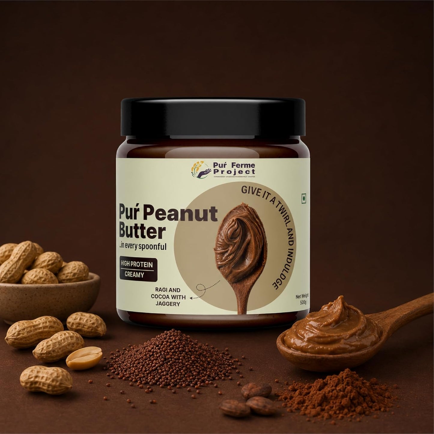 PurFerme Project Ragi & Cocoa with Jaggery Peanut Butter | Creamy (500 g) | Healthy Peanut Butter with Ragi & Cocoa