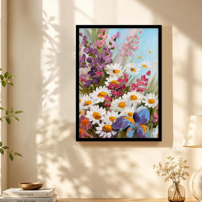 White Sunflowers Floral Framed Wall Art Painting for wall decoration, Multicolour MultiFlowers Painting with frame for living room, bedroom, Home and Office, 9x13 Inch