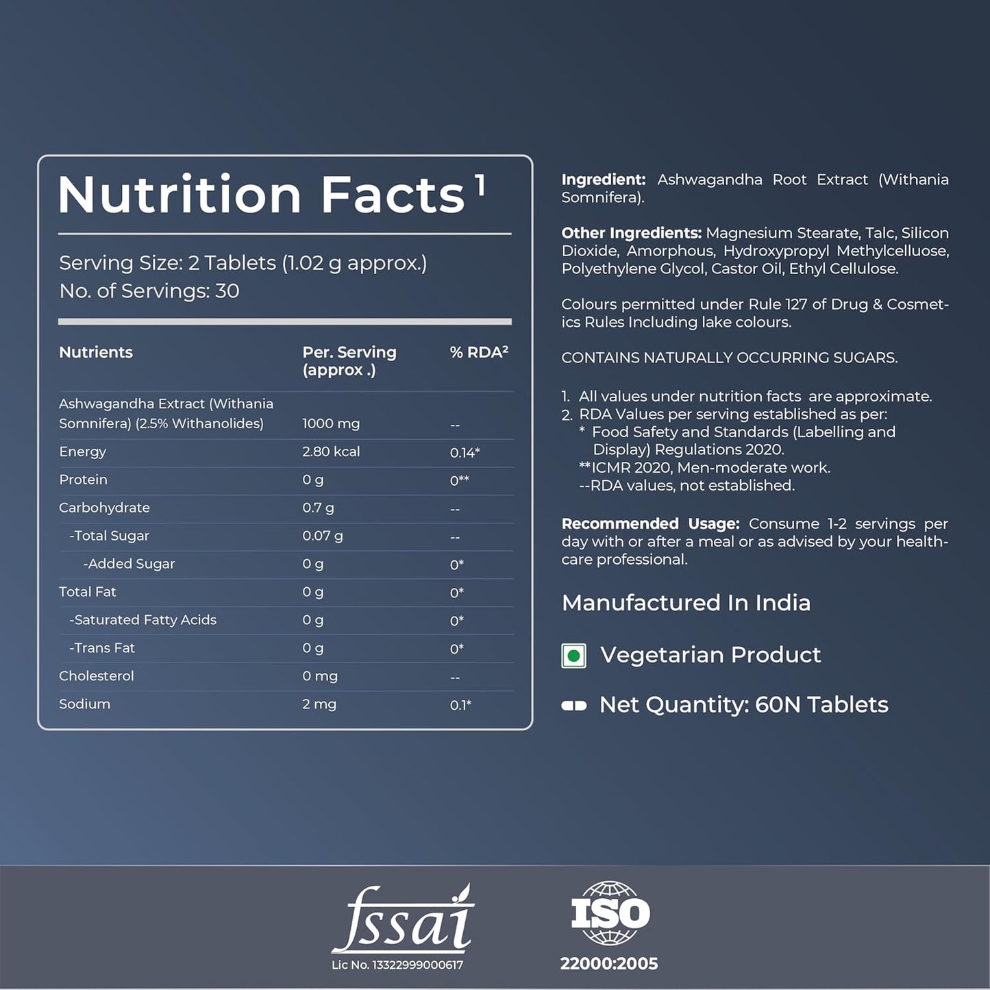 Nutrition facts label for a vegetarian product with Ashwagandha Root Extract on a dark blue background.