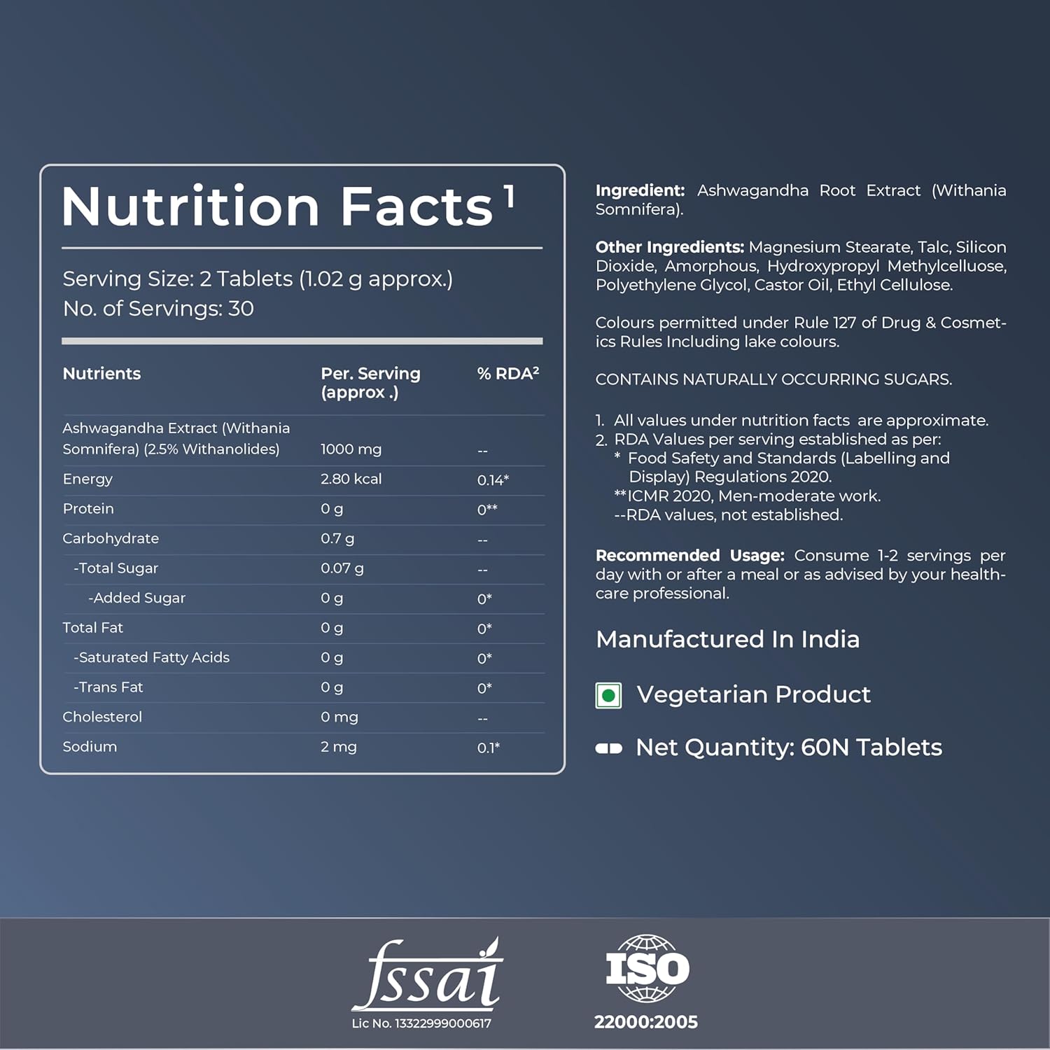 Nutrition facts label for a vegetarian product with Ashwagandha Root Extract on a dark blue background.