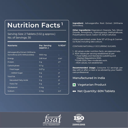Nutrition facts label for a vegetarian product with Ashwagandha Root Extract on a dark blue background.