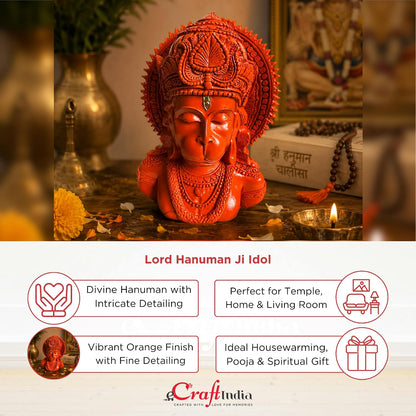 Lord Hanuman Ji Idol for Home Décor | Orange Hanuman Bust Statue with Intricate Detailing | Spiritual Decorative Showpiece for Temple, Living Room & Gifting