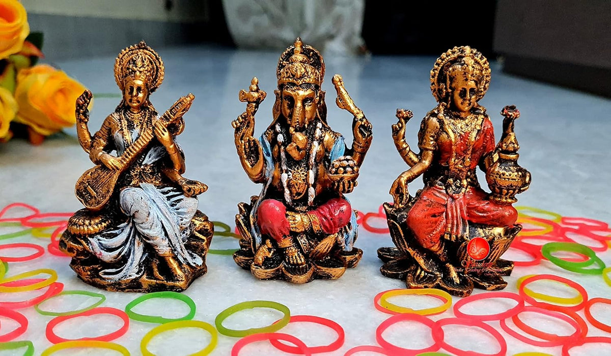 Goddess Lakshmi, Lord Ganesh and Goddess Saraswati Idol/Statue/Murti Decorative Showpiece, Saraswati Ganesha Laxmi Figurine for Puja