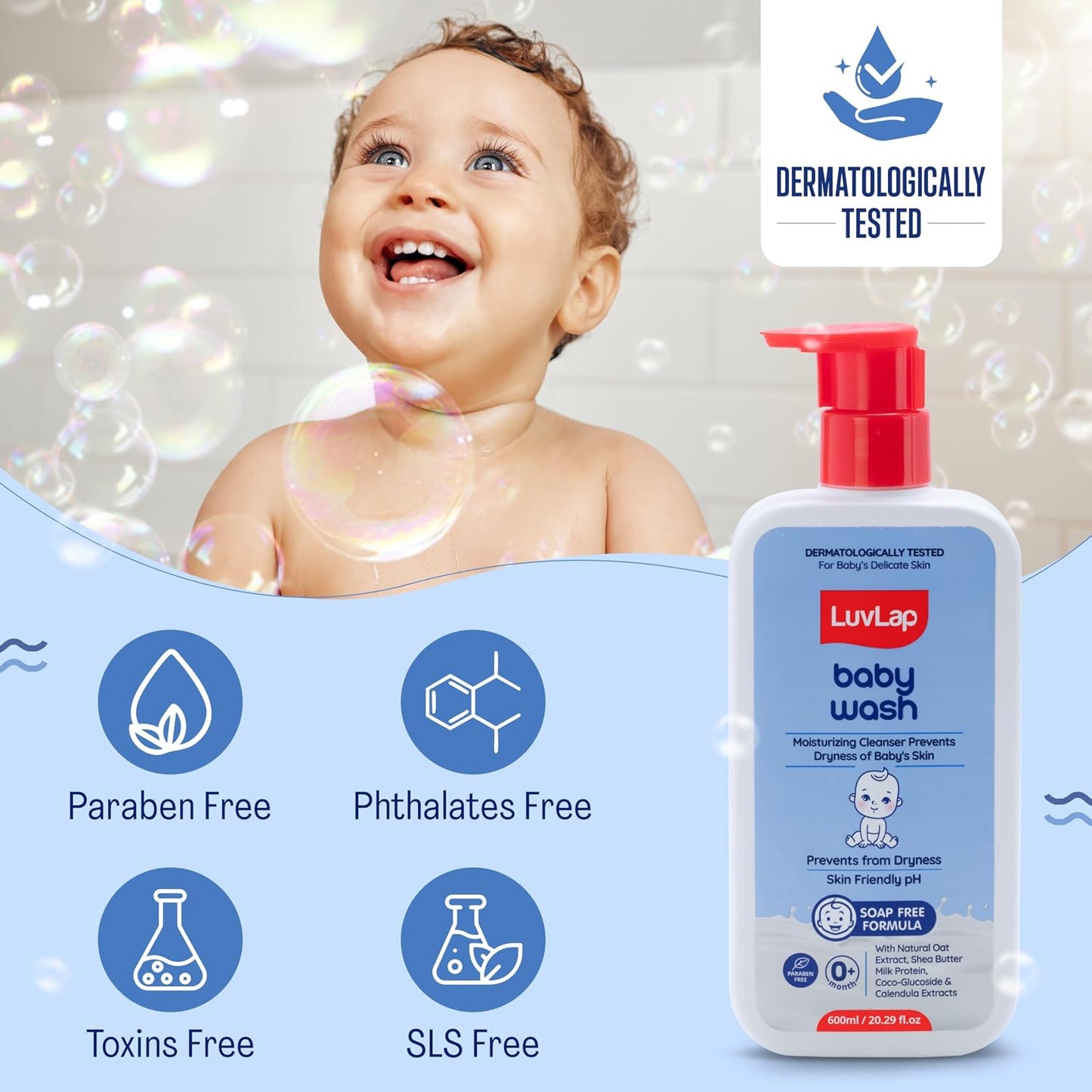LuvLap Baby Wash - 600ml, with Milk Protein, Oatmeal, Shea Butter and Vitamin E, Soap Free, Baby Wash for Baby Bath, Natural, pH Balanced & Paraben Free, Dermatologically Tested
