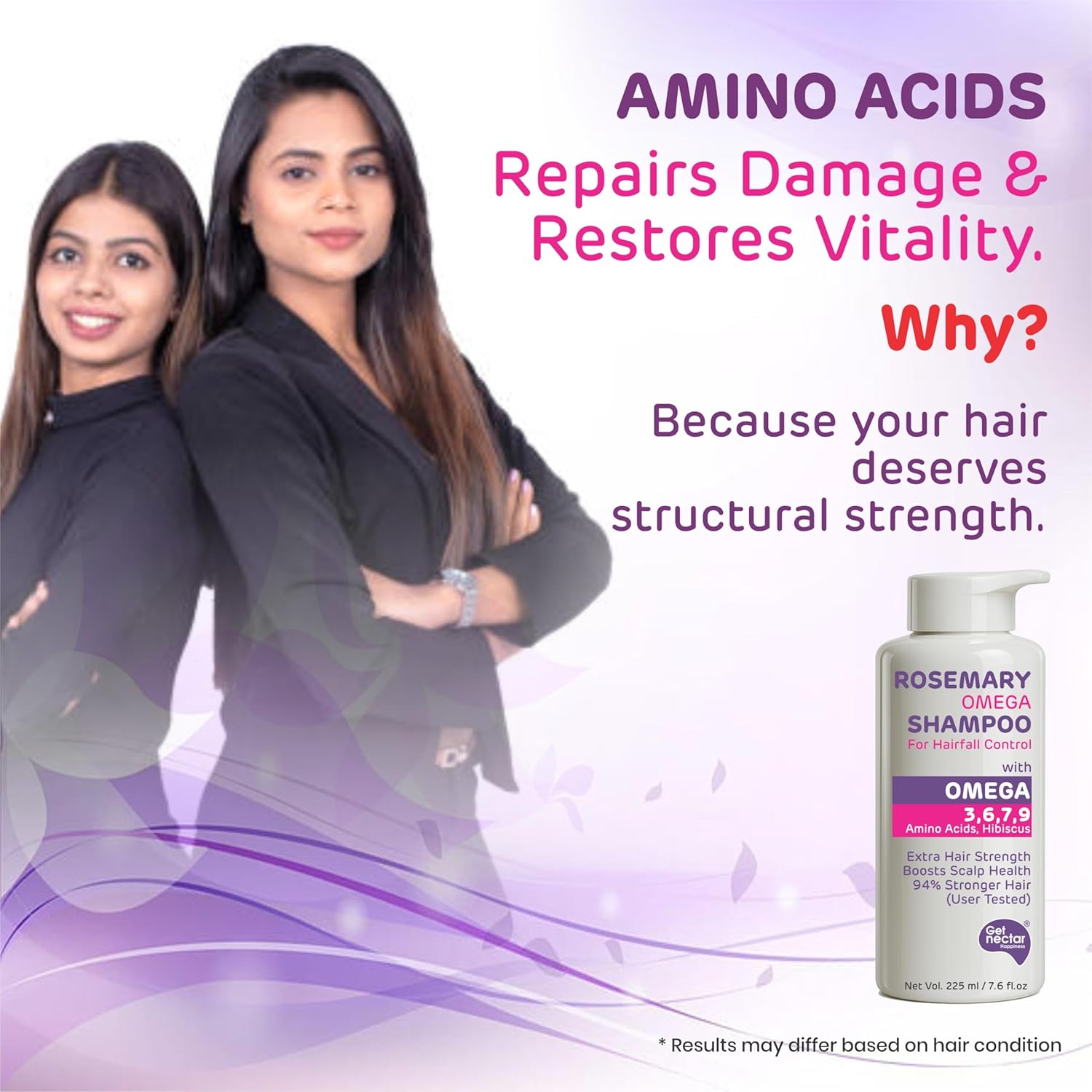 Advertisement for a shampoo bottle with two women and text about amino acids repairing hair damage.