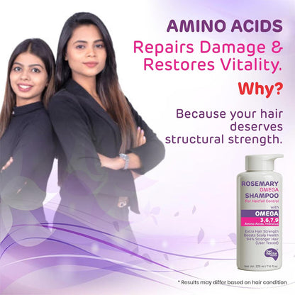 Advertisement for a shampoo bottle with two women and text about amino acids repairing hair damage.