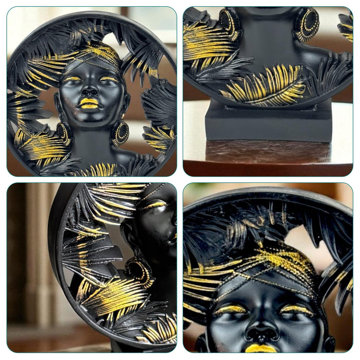 African Lady Round Halo Polyresin Showpiece 22 cm Black & Gold Palm-Leaf Circular Bust Statue Luxury Home Décor Figurine for Living Room Office Table Gift | Tabletop Decorative Showpiece