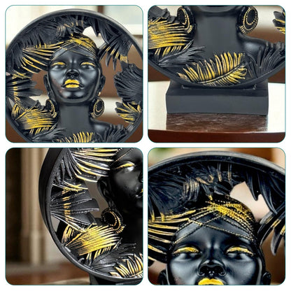 African Lady Round Halo Polyresin Showpiece 22 cm Black & Gold Palm-Leaf Circular Bust Statue Luxury Home Décor Figurine for Living Room Office Table Gift | Tabletop Decorative Showpiece
