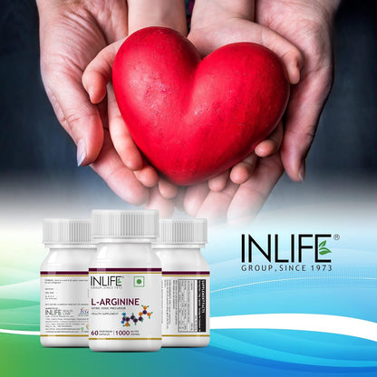 INLIFE L Arginine Capsules 1000mg Supplement | Nitric Oxide Precursor - 60 Vegetarian Capsules (Pack of 1)