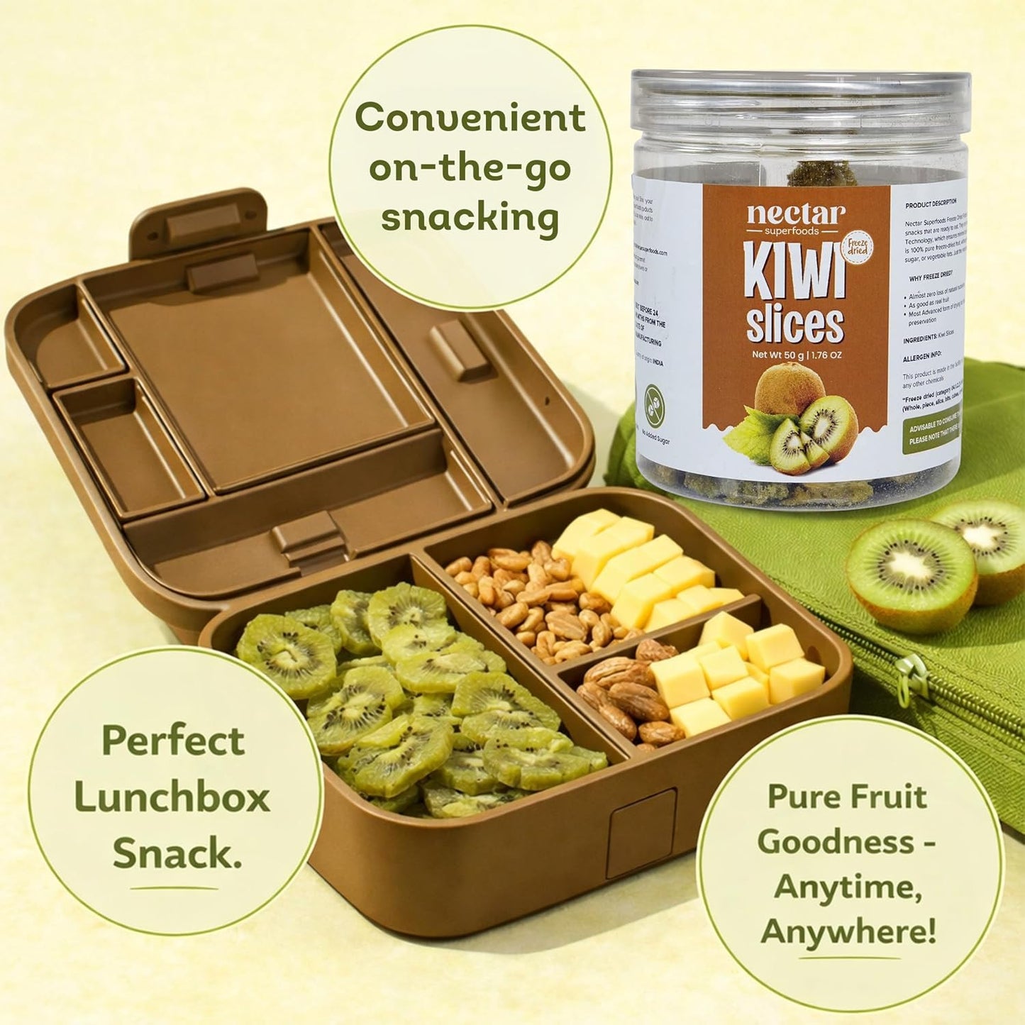 Nectar Superfoods Freeze Dried Kiwi slices- 50 grams Jar-Pack of 1 Nos | 100% Natural & Pure | No Preservatives, No Sugar Added, Vegan | Ideal for Cooking & Seasoning | Made in India