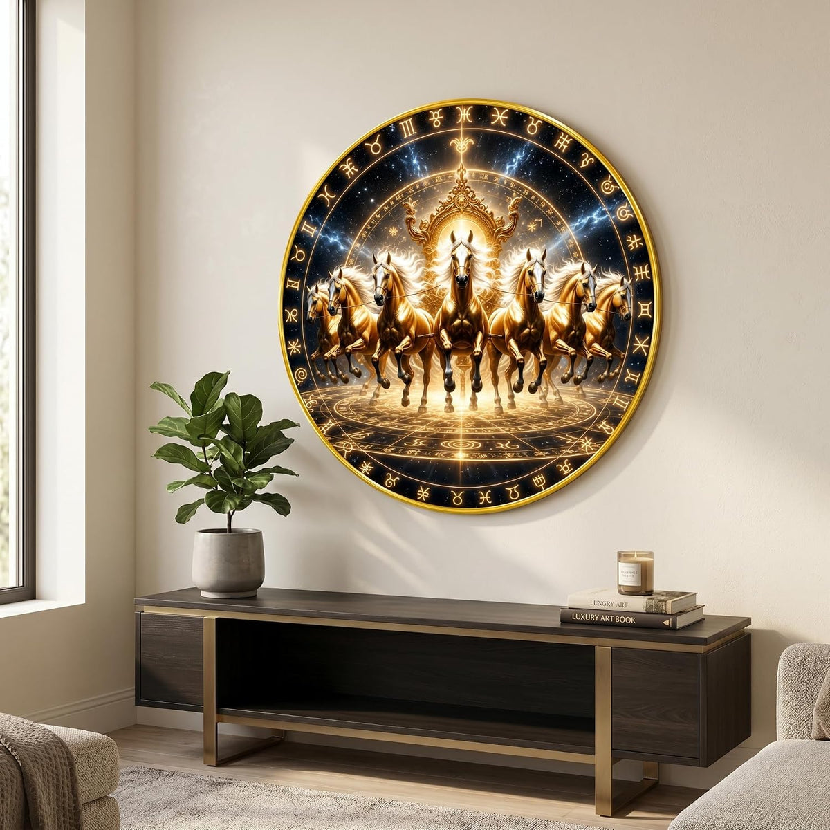 Om Golden Horse Vastu Round Wall Painting with Premium PVC Golden Frame, Zodiac Chakra Spiritual Art for Living Room Office Home Decor Gift (20 x 20 Inch) GRL-444