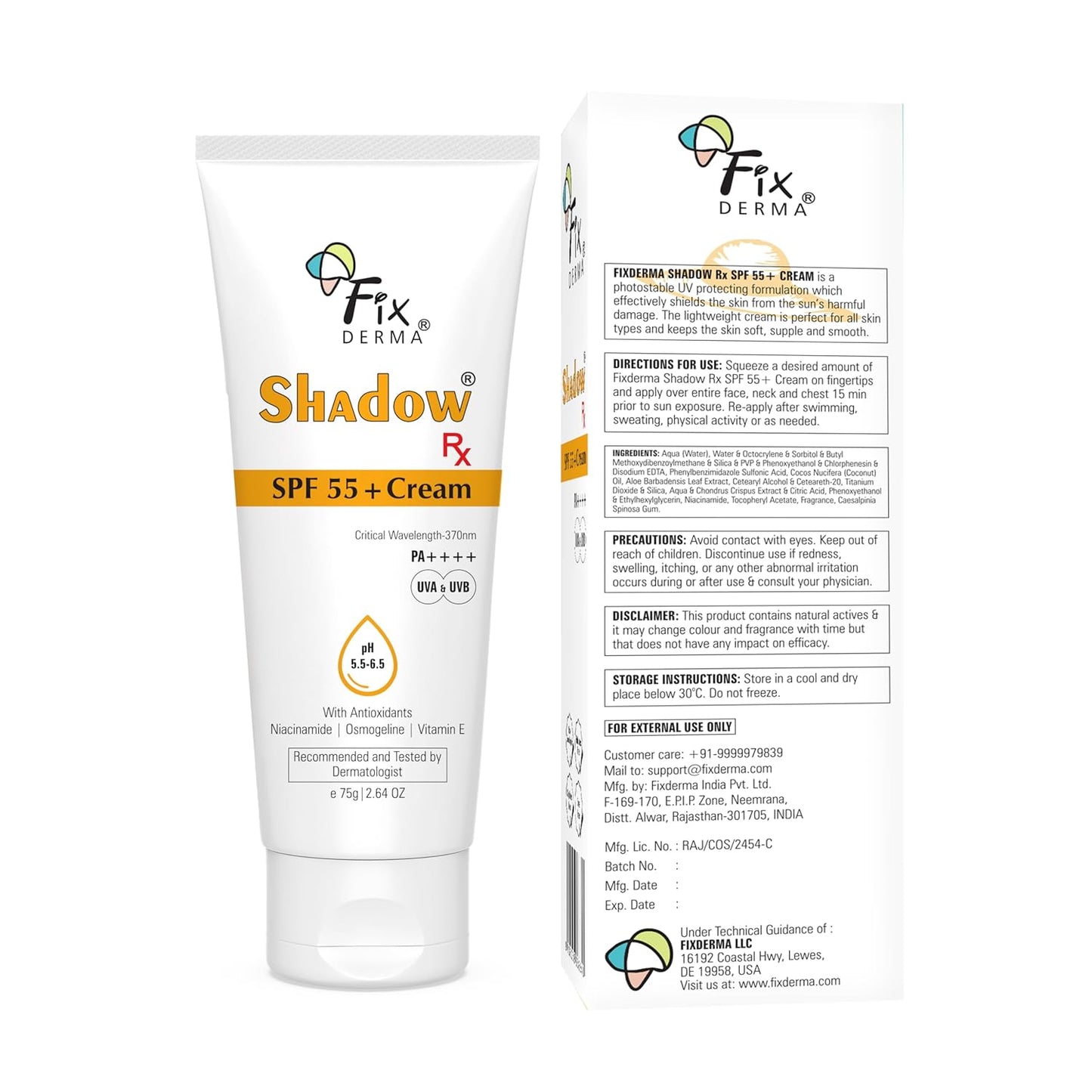 Fixderma Shadow SPF 55+ Cream PA++++ | Sunscreen for Dry Skin | Hybrid Sunscreen with UVA & UVB Filters, Antioxidants, IR Protection and Blue Light Protection Lightweight - 75gm