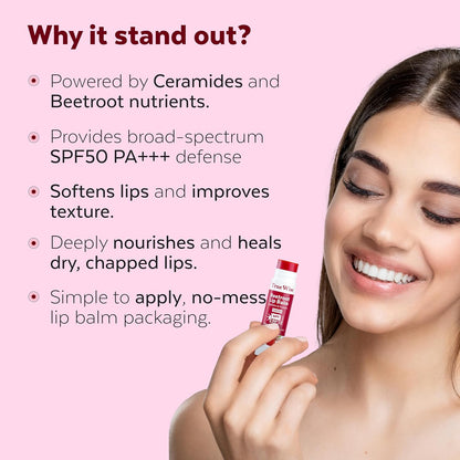 Tinted Lip Balm with SPF 50 PA+++ Brightening Beetroot Lip Balm For Dark Lips With Kojic Acid,Vitamin E, Soft, Glossy Lips- SPF lip balm for Women 5g
