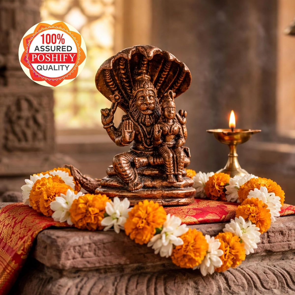Pure Copper Narasimha Lakshmi (Laxmi) Murti | Handcrafted Copper Idol for Pooja Room, Vastu Decor | Traditional & Auspicious Religious Hindu God Showpiece & Gift Item | 112gm (5.5x4 cm)