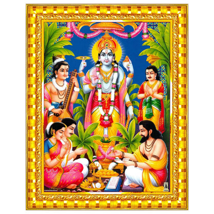 Lord Satyanarayana Swamy Bhagwan Satyanarayan Wall Painting Framed Home Decor (Wood,Acrylic,Gold,Small Size,6x8 Inch) R618S