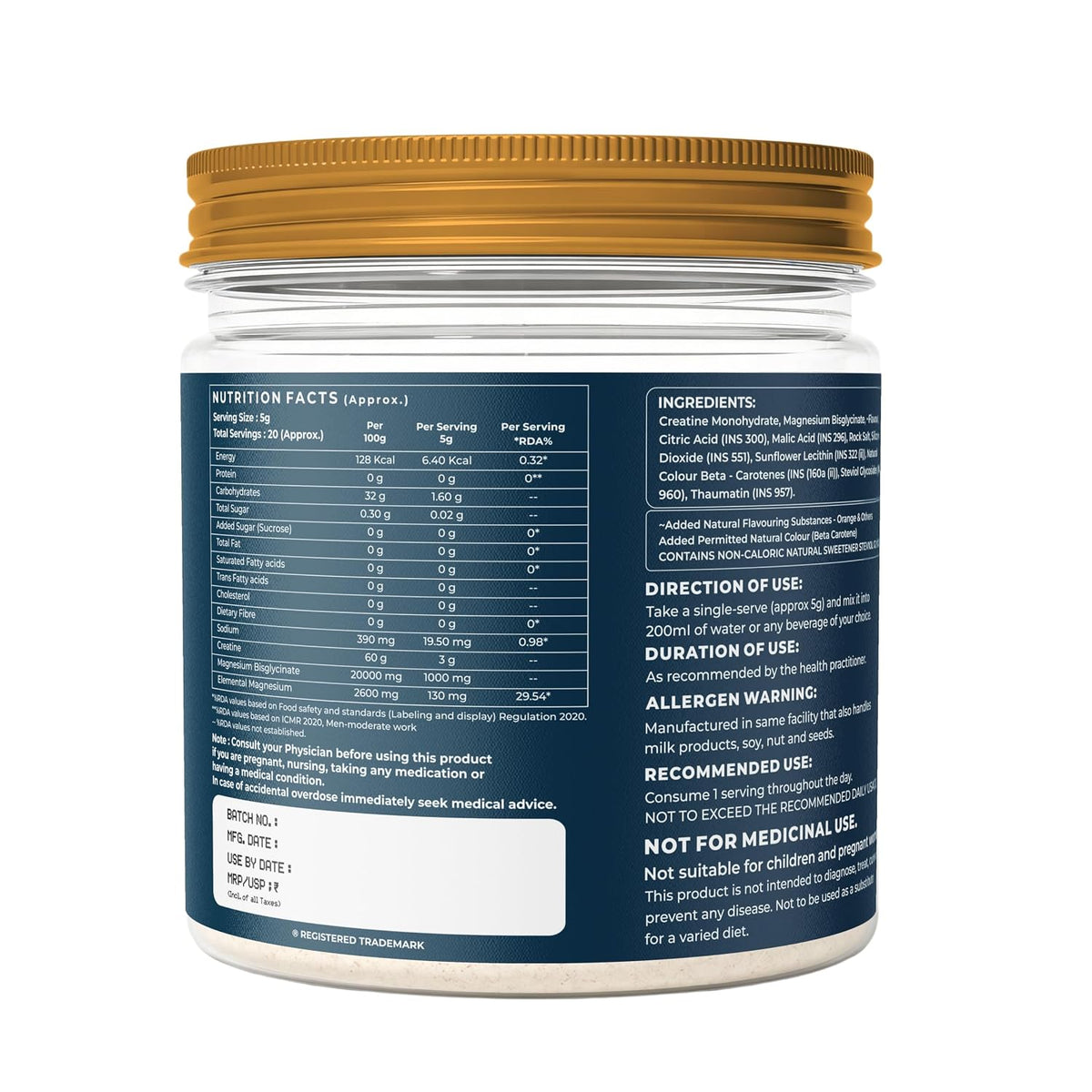 Naturaltein Creamag Boost Creatine 3g + Magnesium Bisglycinate 130mg Supplement Powder, Orange Flavour, Supports Strength, Energy & Recovery, 100g (20 Servings)