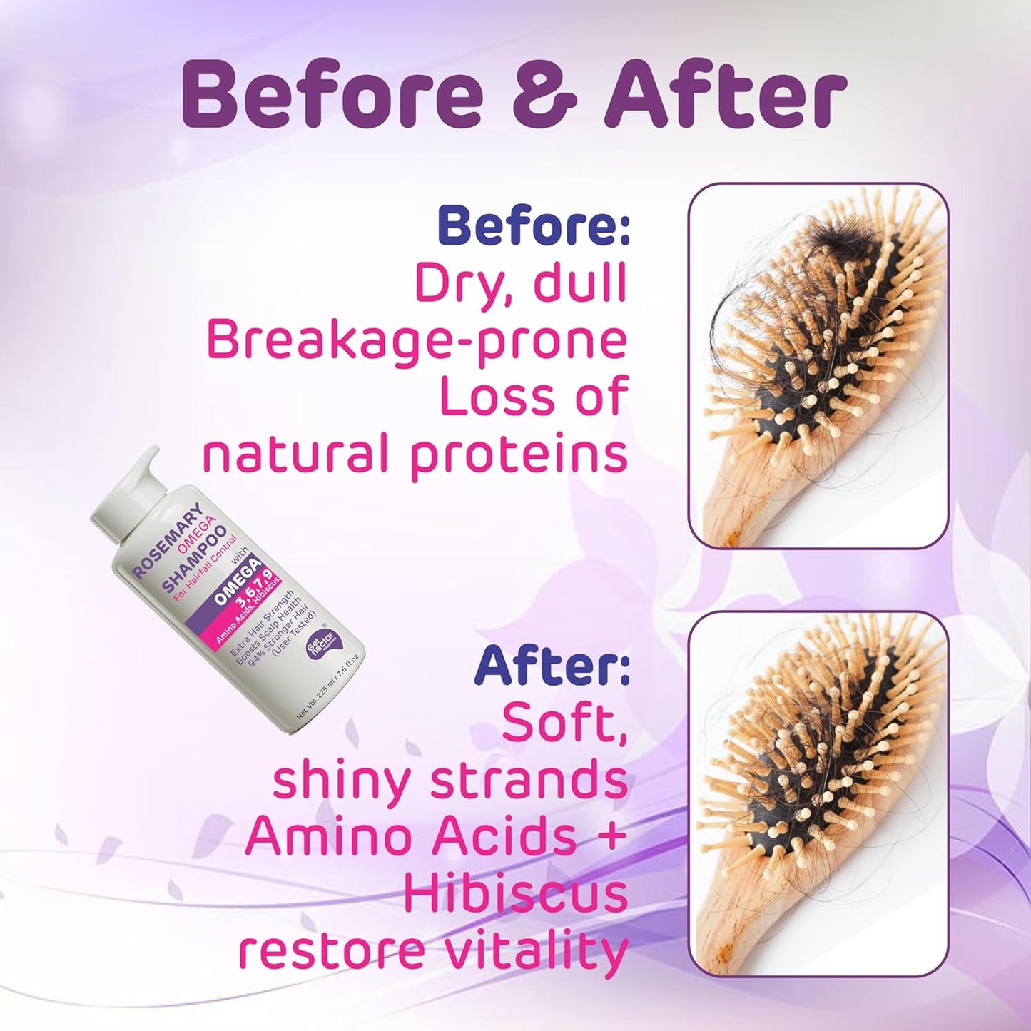 Before and after comparison of hair care product with text on a purple background