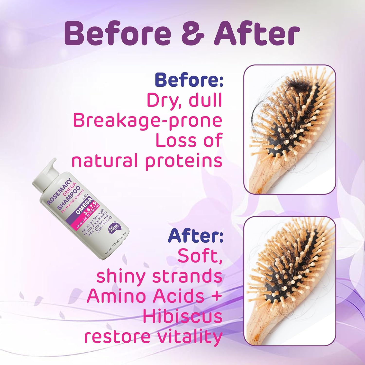Before and after comparison of hair care product with text on a purple background