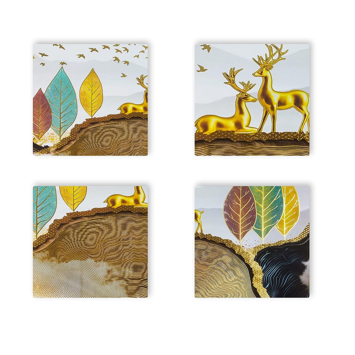 3D Golen Foil Modern Art Landscape with 2 Deer | Framed Painting | Ready to Hang - (Multicolor, 14 Inch x 20 Inch)