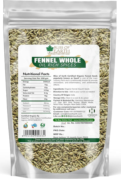 Bliss of Earth Certified Organic Fennel seed (Saunf) Indian Spice Fresh & Sweet Great for manages weight | digestive health or Cooking (1kg)