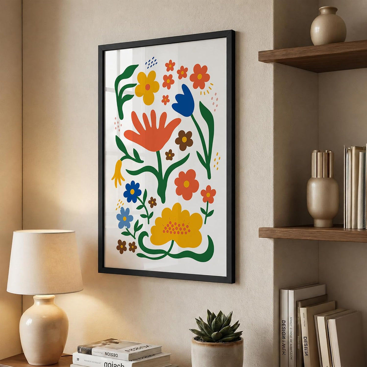 Floral Wall Art for Home Decor, Framed Flower Painting for Living Room, Bedroom & Office, Boho Folk Botanical Artwork, Colourful Aesthetic Wall Décor (DGN15-Black10x13 inch)
